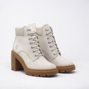 Timberland Allington Heights Boots Cream Off White Leather Lace Up Heel 7.5
